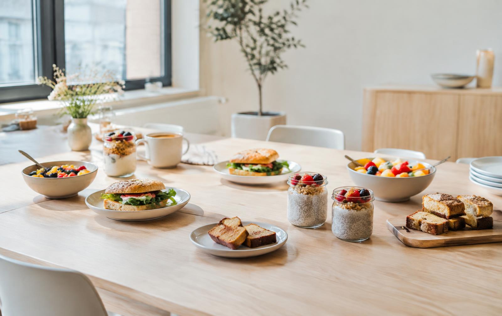 Fresh breakfast spread on an office table